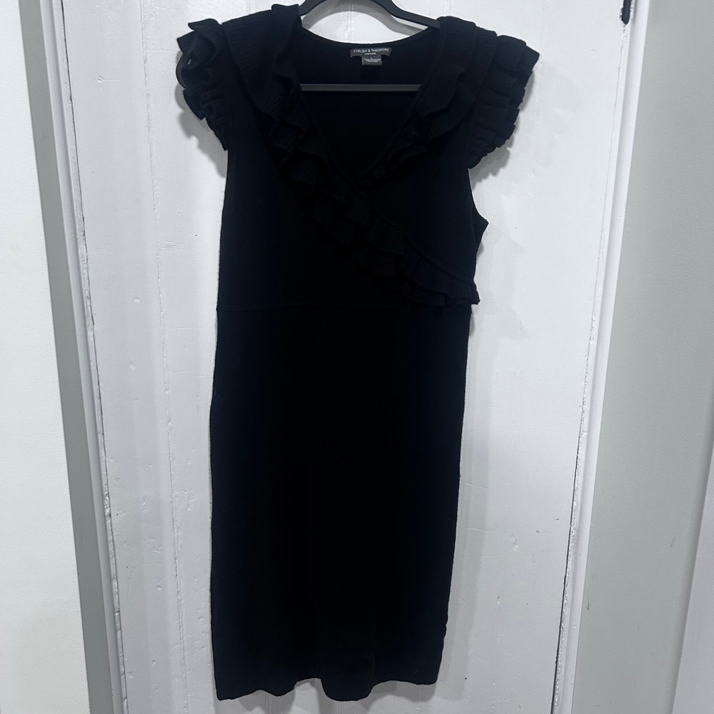 Chelsea & Theodore Black 100% Cashmere Ruffle V-Neck Knit Sheath Dress Large